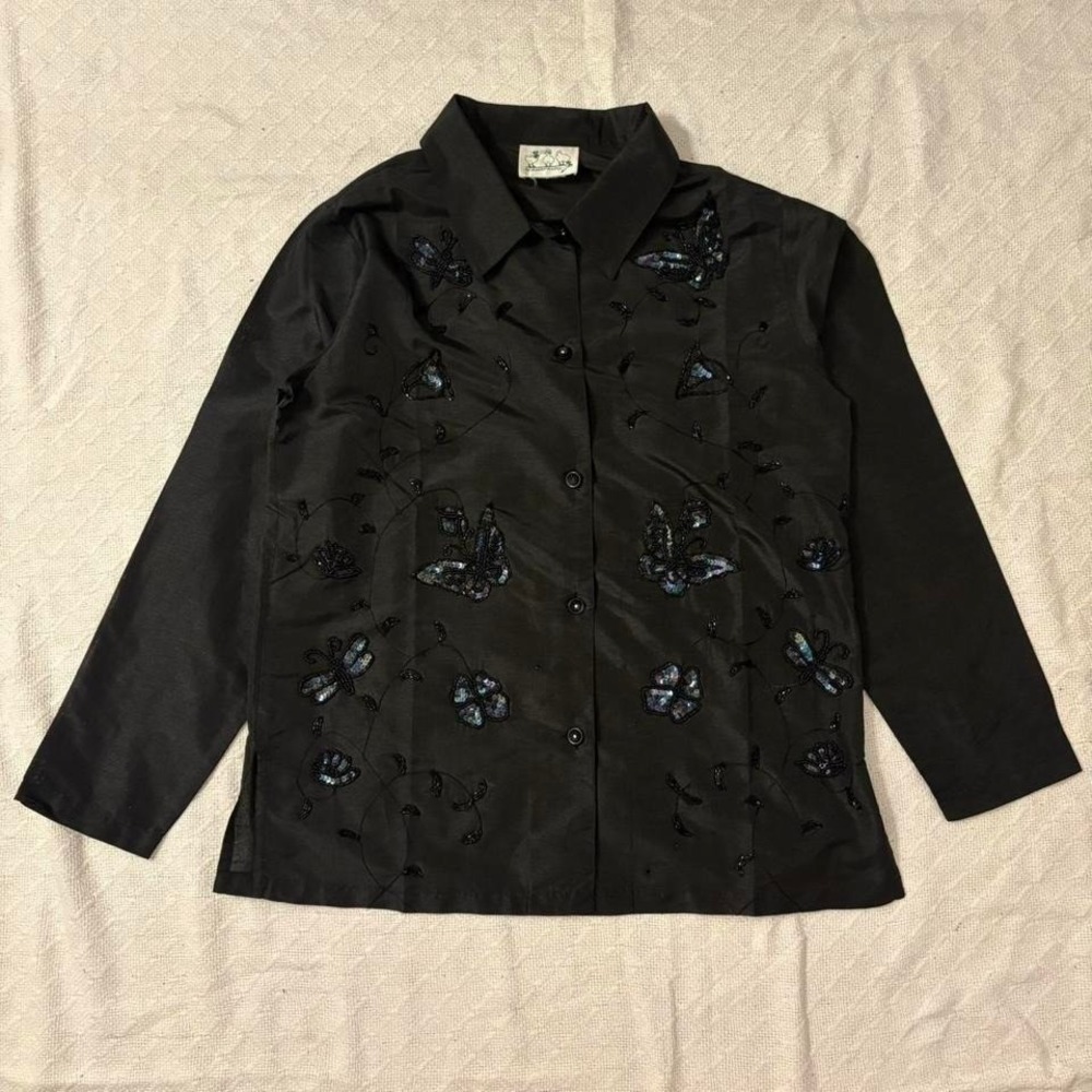 Vintage Quaker Factory black irridescent beaded butterfly button down top size L